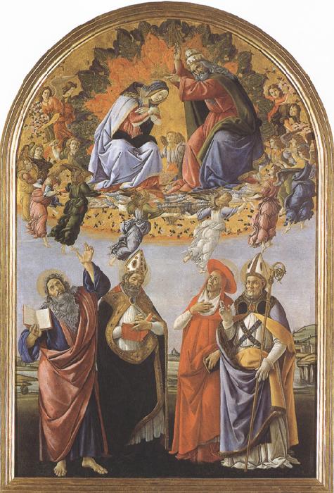 Sandro Botticelli Coronation of the Virgin,with Sts john the Evangelist,Augustine,jerome and Eligius or San Marco Altarpiece (mk36) France oil painting art